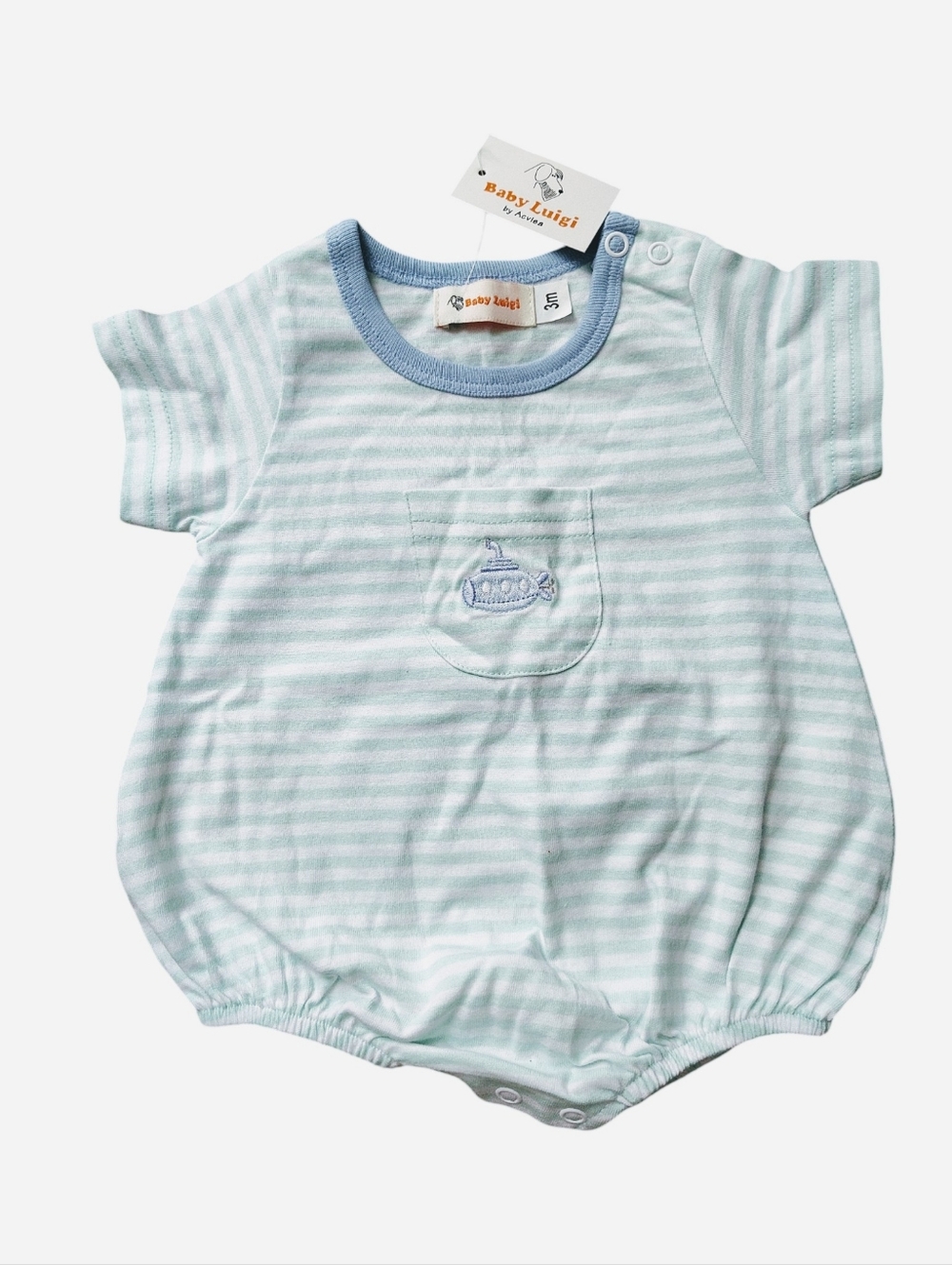Tiny Town Baby Luigi Striped Pocket Onesie - Light Blue, Green Striped & White